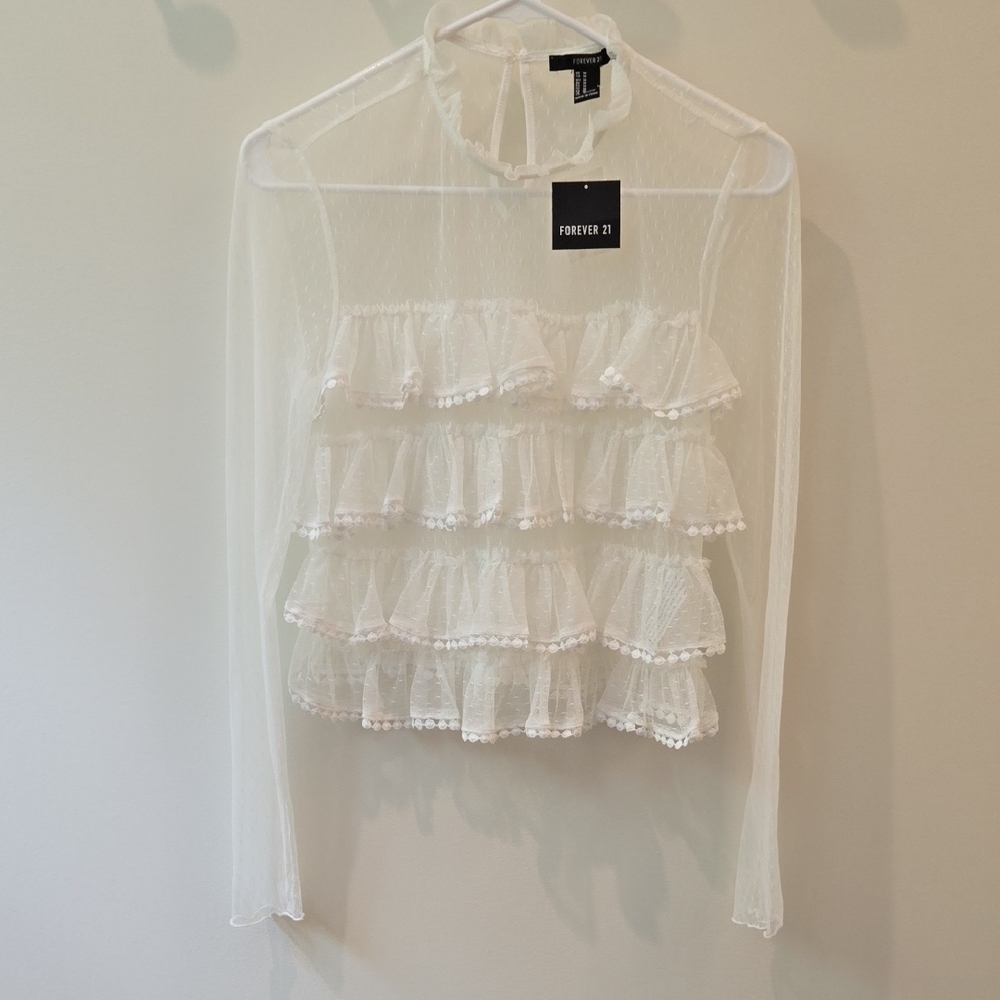 Forever 21 Cream Ruffled Sheer Blouse
